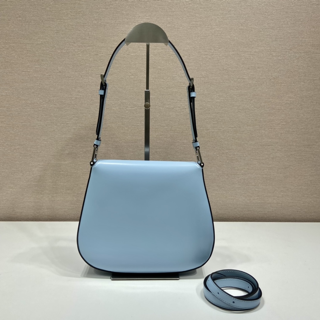 Prada Cleo Brushed Leather Shoulder Bag With Flap Light Blue 1BD303